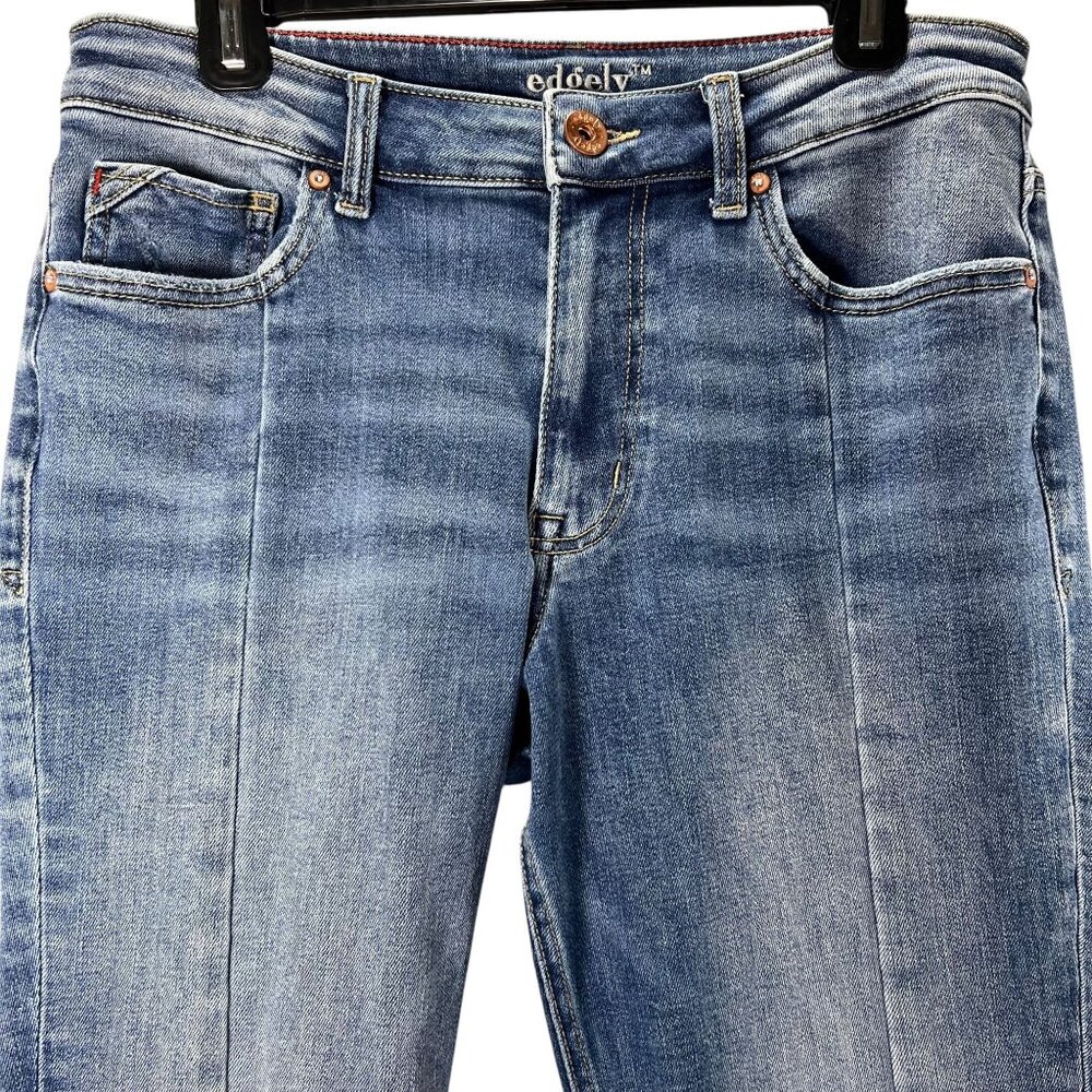 Edgely Flared Jeans High Rise Flare 12 Blue Denim Raw Hem Hippie Boho Stretch - Picture 3 of 14